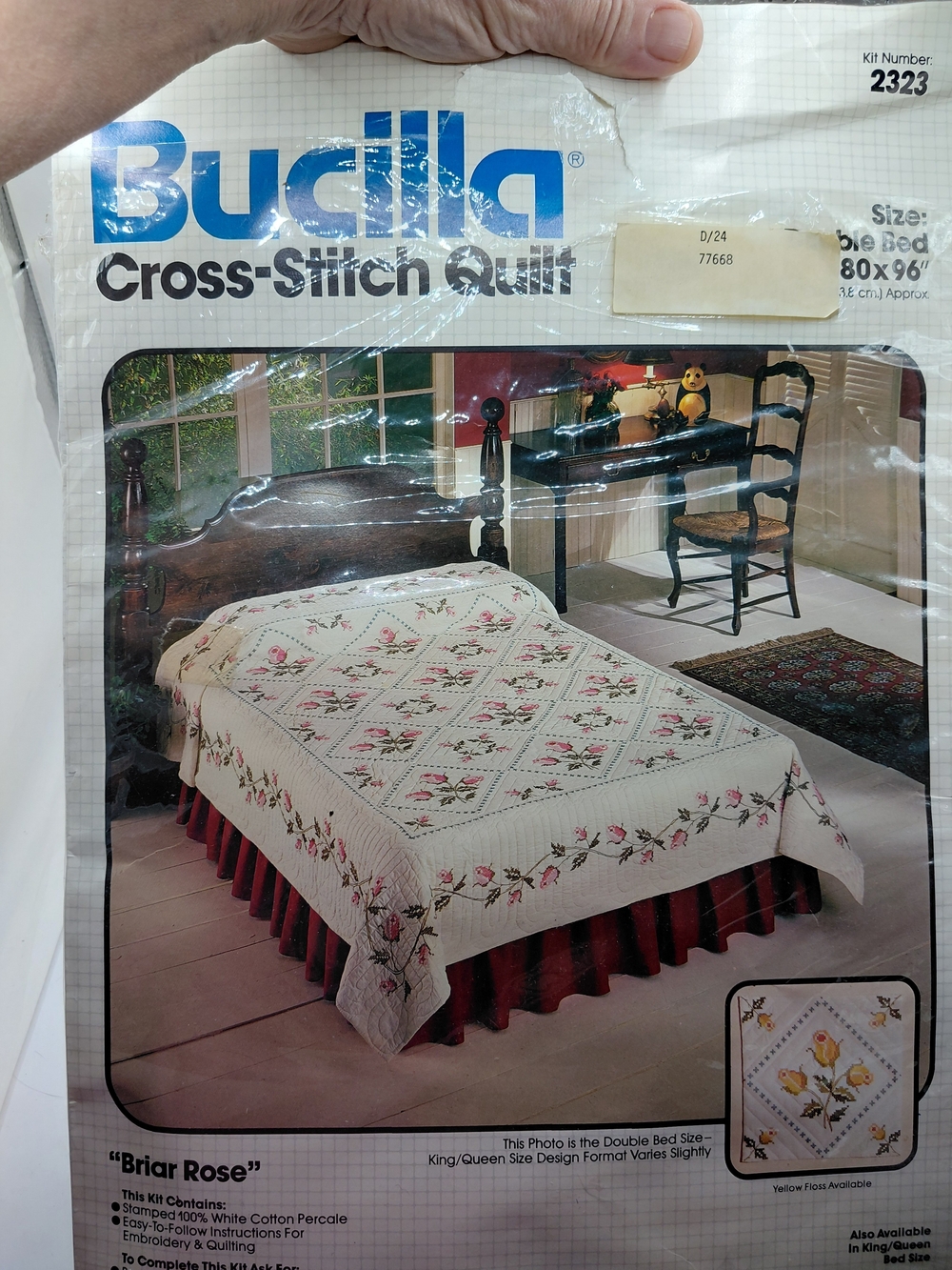 Bucilla 'Briar Rose' White and Pink Cross-Stitch Quilt Kit Double Bed 80X96"
